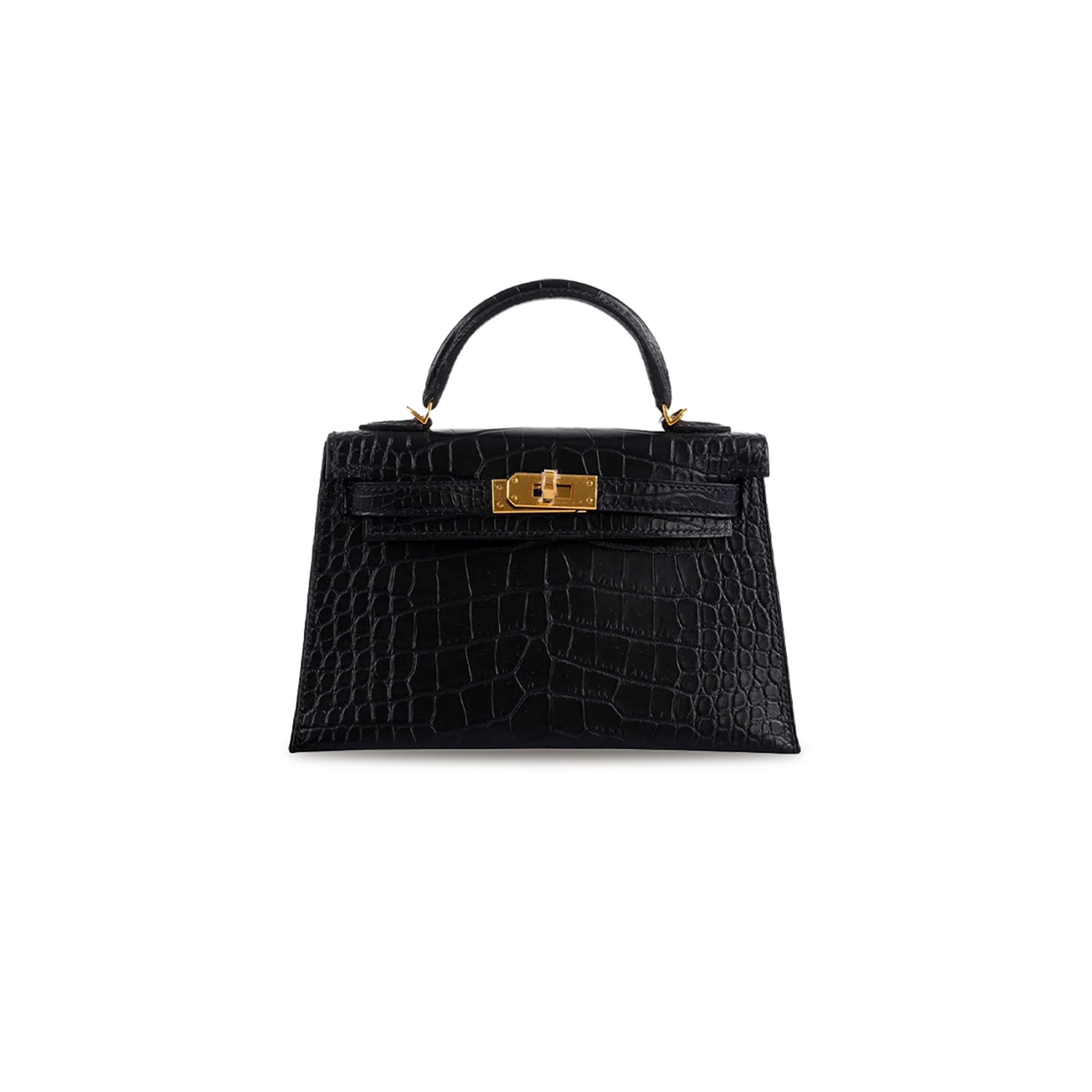 HERMÈS MASTER MINI KELLY II BLACK MATT E ALLIGATOR GOLD HARDWARE (19*12*5.5cm)